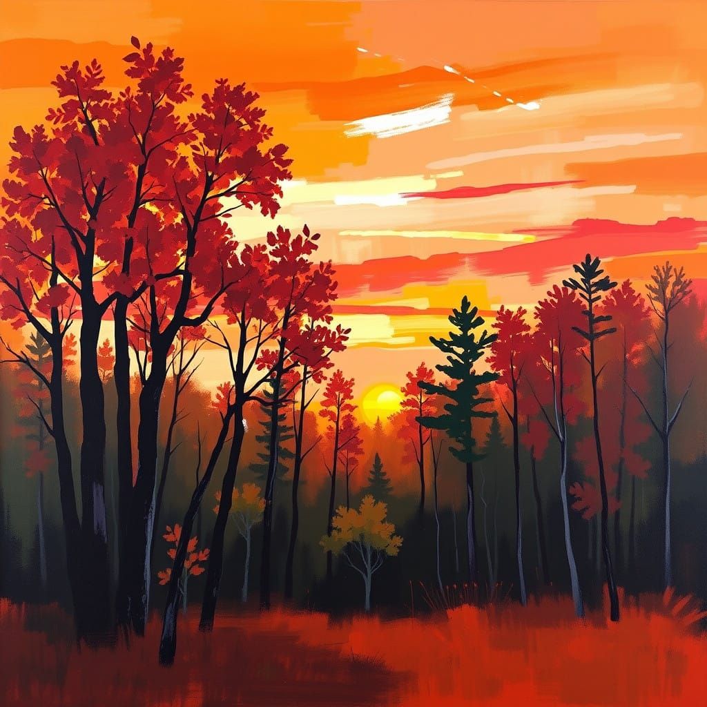 Vibrant Fall Sunset in Minnesota Forest Abstract Art