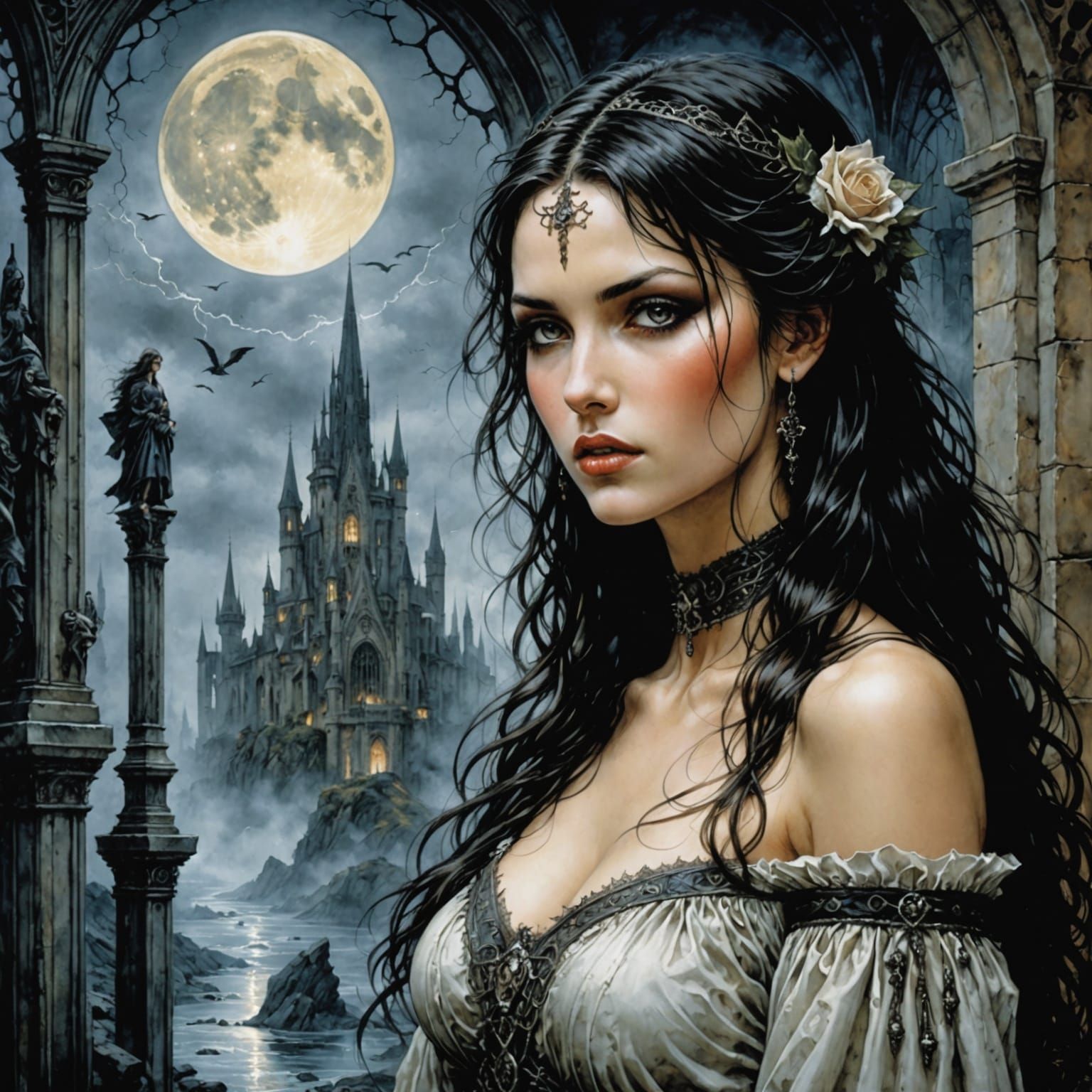 Mysterious Woman in Ethereal White Garment with Purple Hair