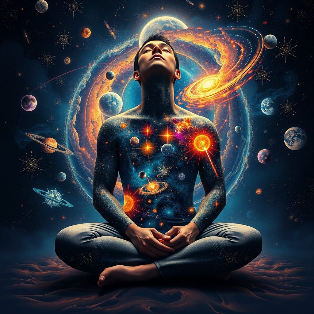 Man Transforms into Celestial Tapestry in Vibrant Cosmic Col...