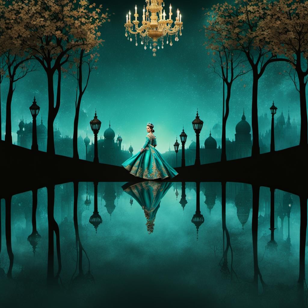 Woman in Teal Dress Attends Palace Ceremony