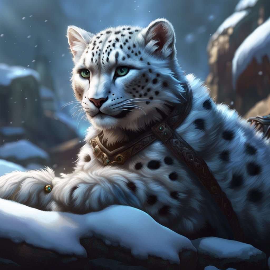 Giant Snow Leopard Kitten and Elf Rider