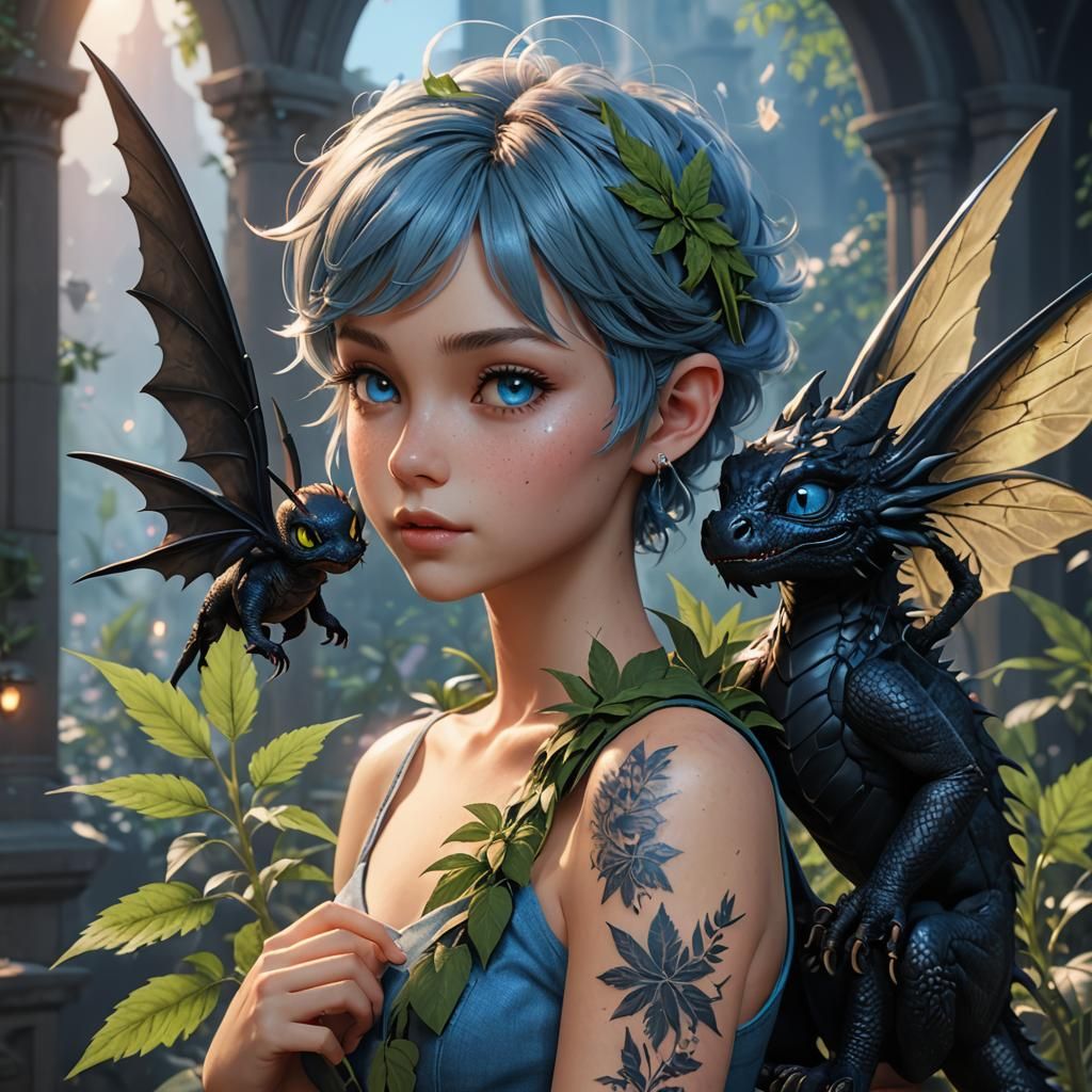 Anime Tinkerbell with Dragon in 3D Aesthetic Art