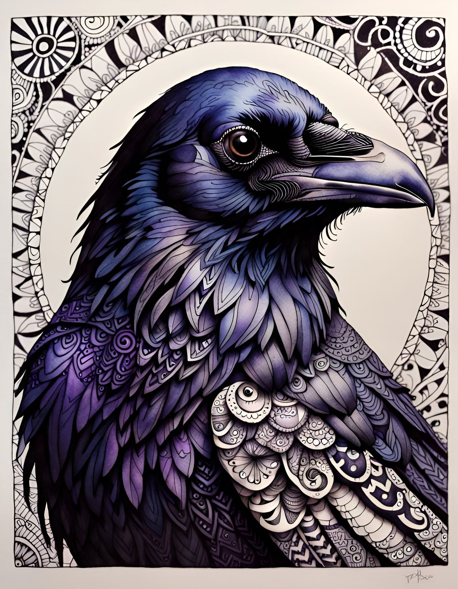 Zentangle Raven Portrait in Black and White