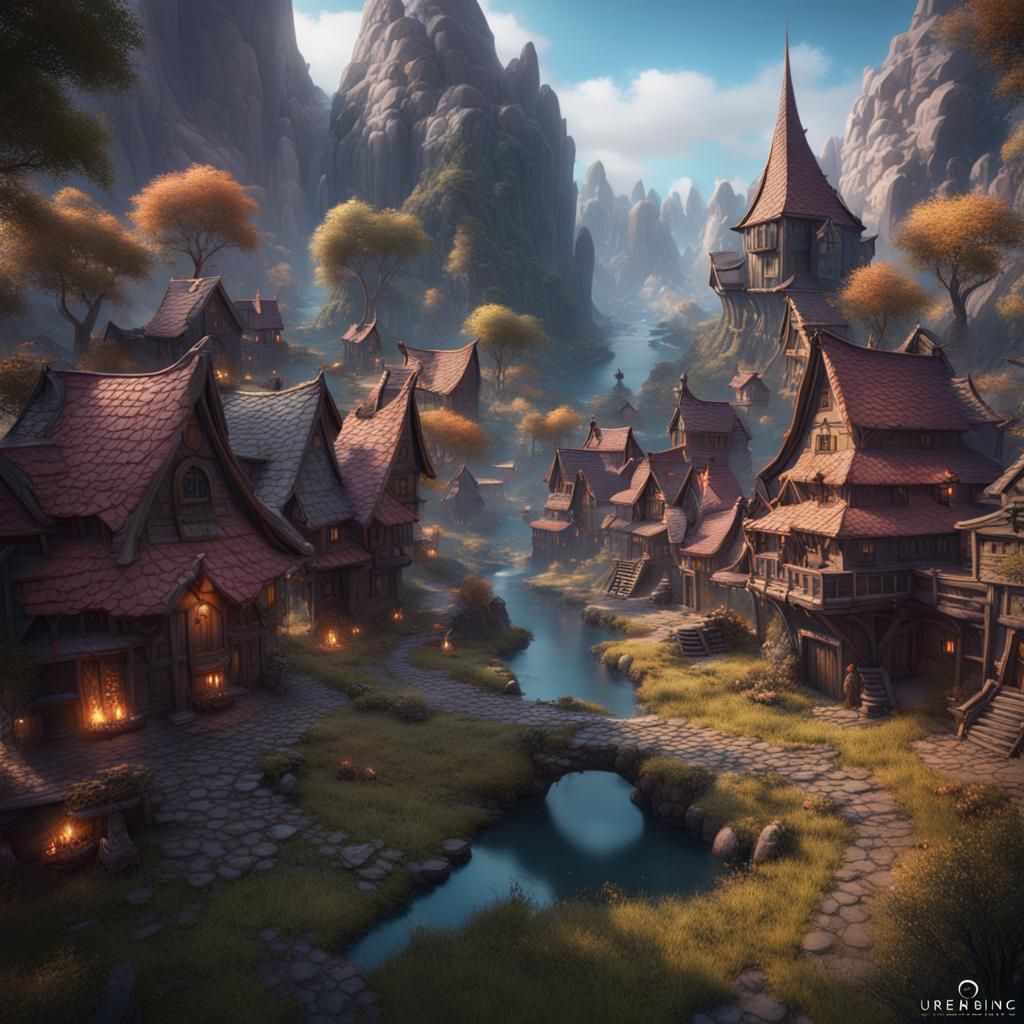 Fantasy Obsidian Village in Detailed Matte Painting
