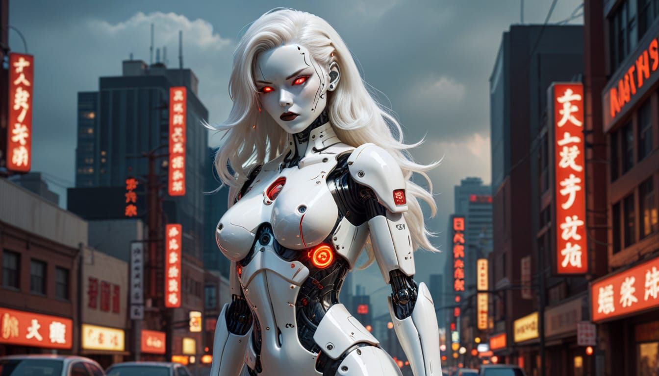 Terrifying Gynoid Pinup in Cyberpunk Cityscape