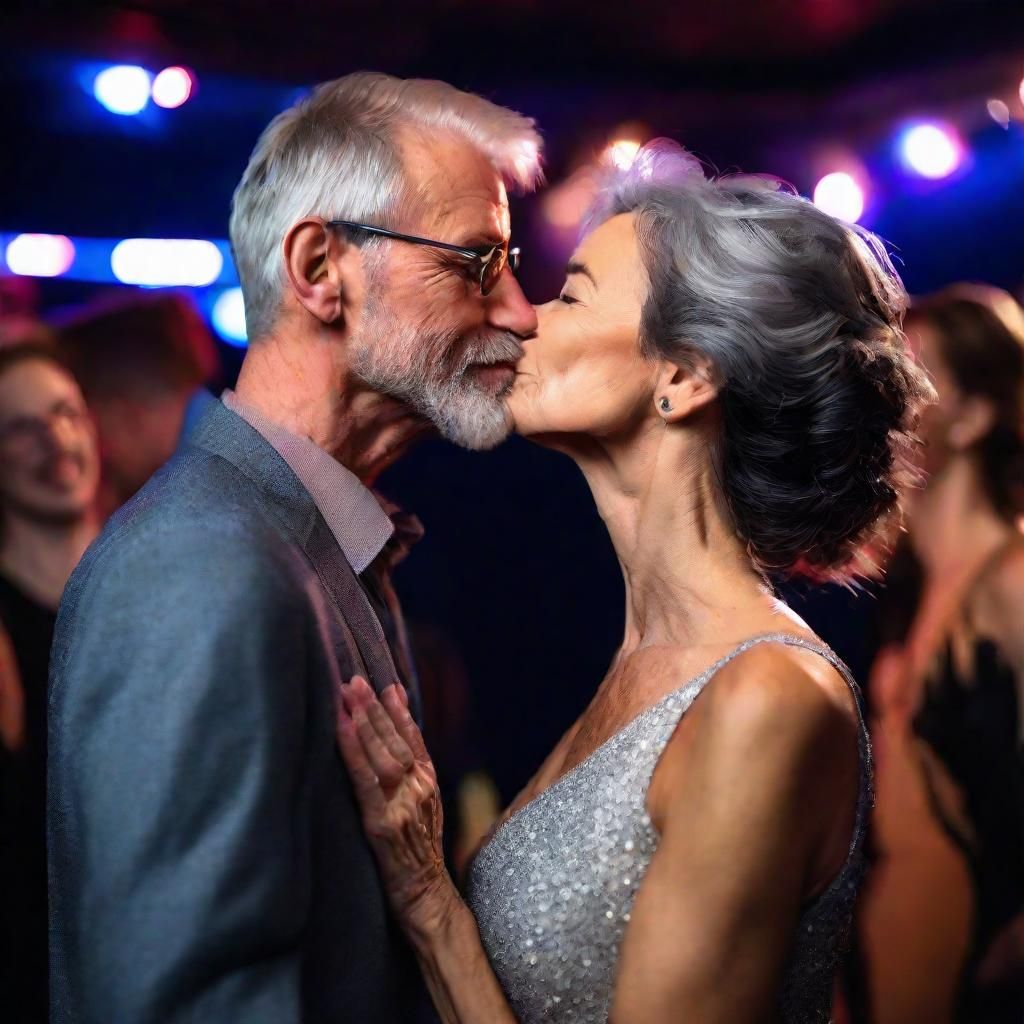 Passionate Kiss Between Older Woman and Younger Man