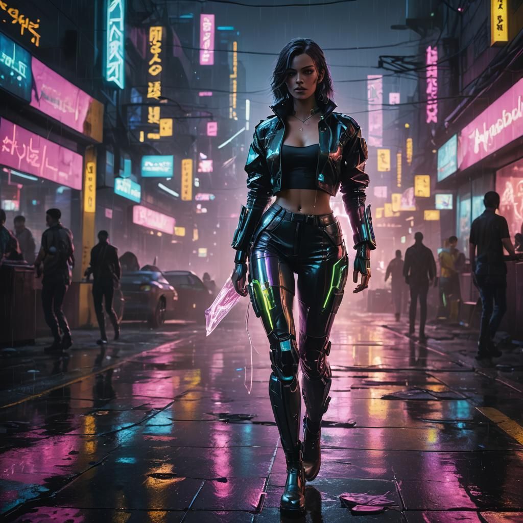 Cyberpunk Glass Woman in Neon Cityscape