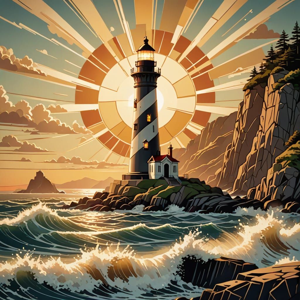 Art Deco Lighthouse on Rocky Coast