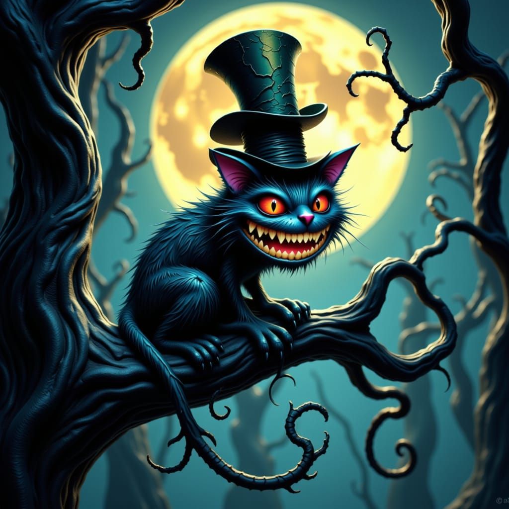 Eerie Cheshire Cat in Dark Fantasy Style