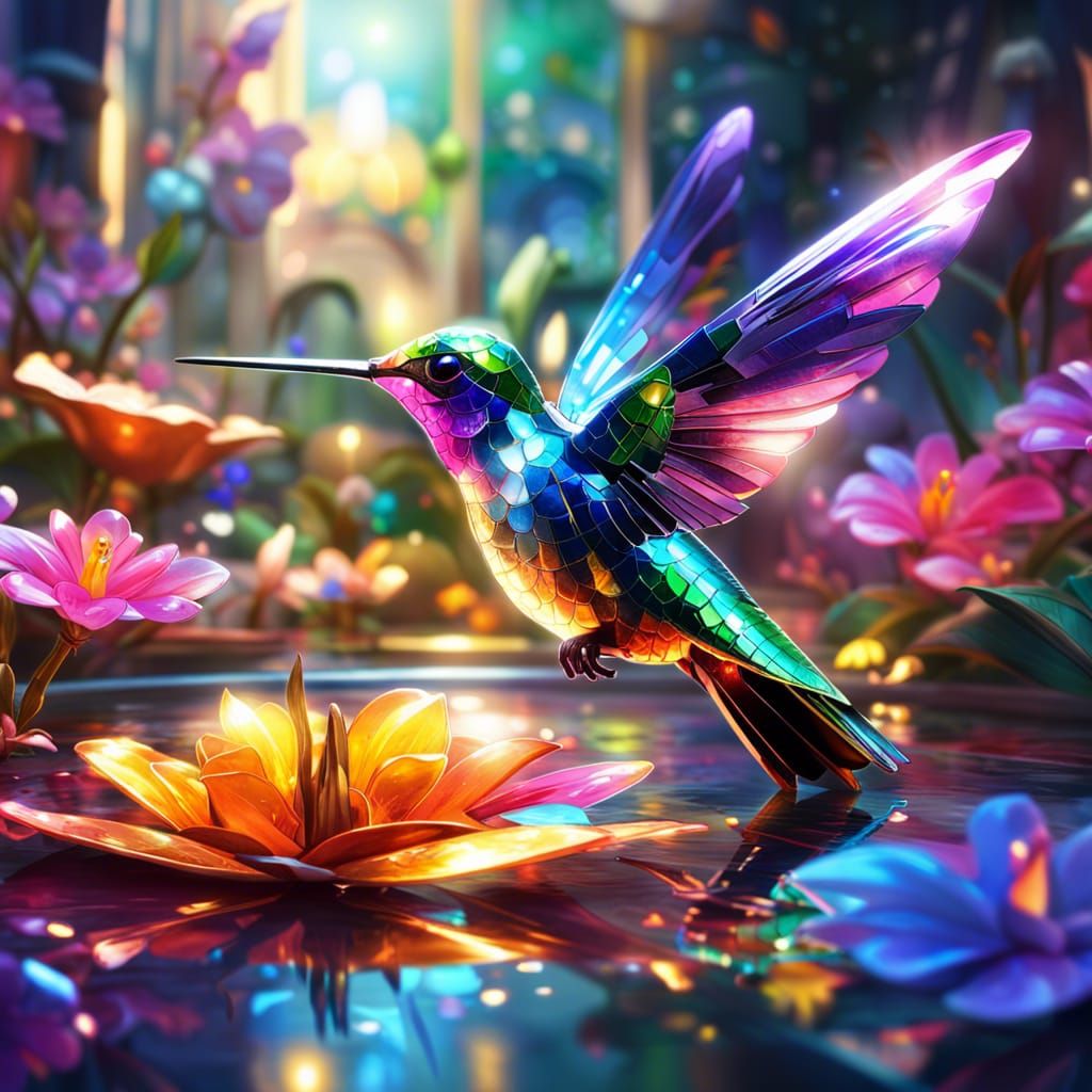 Metallic Hummingbird and Flower, Photorealistic Cell-Shaded ...