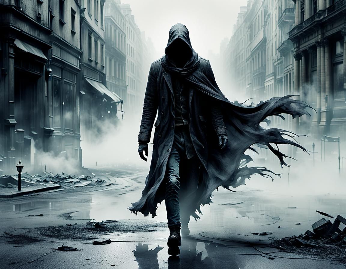 Mysterious Figure Wandering Post Apocalyptic Paris in Ink Ar...