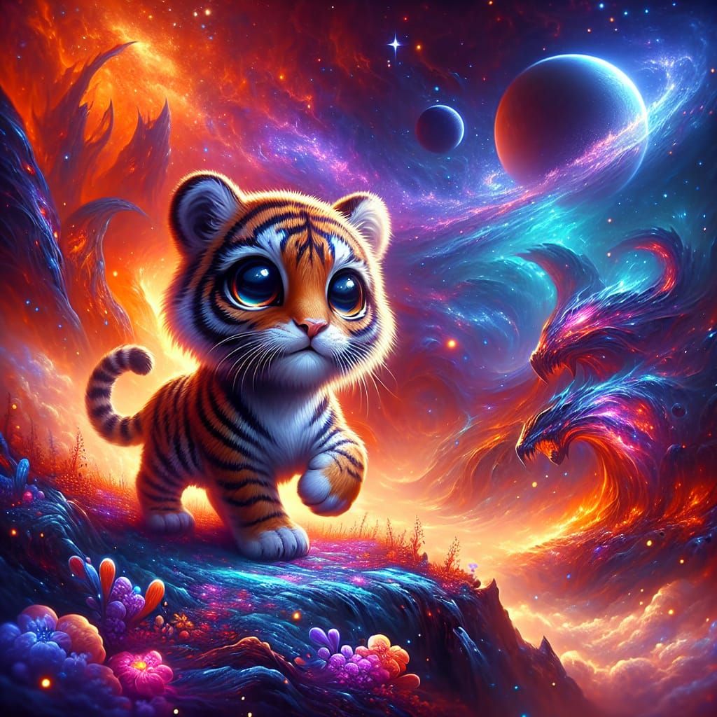 Cute Tiger Prowling Through Cosmic Galaxy