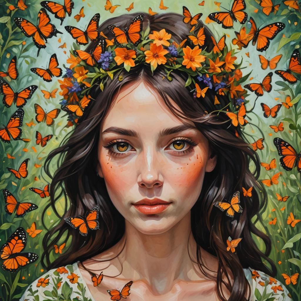 Girl with Butterflies: Impressionist Oil Painting