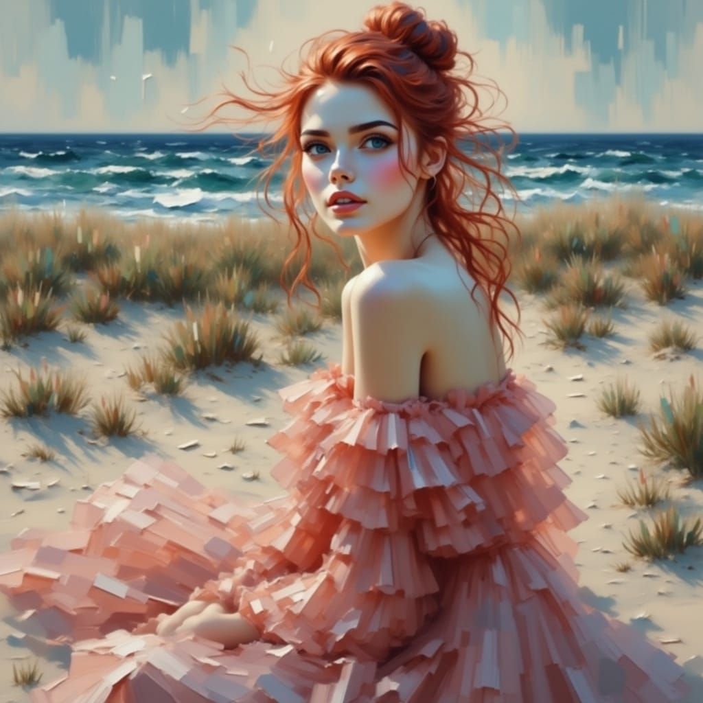 Red-Haired Woman on Beach in Neo-Impressionist Style