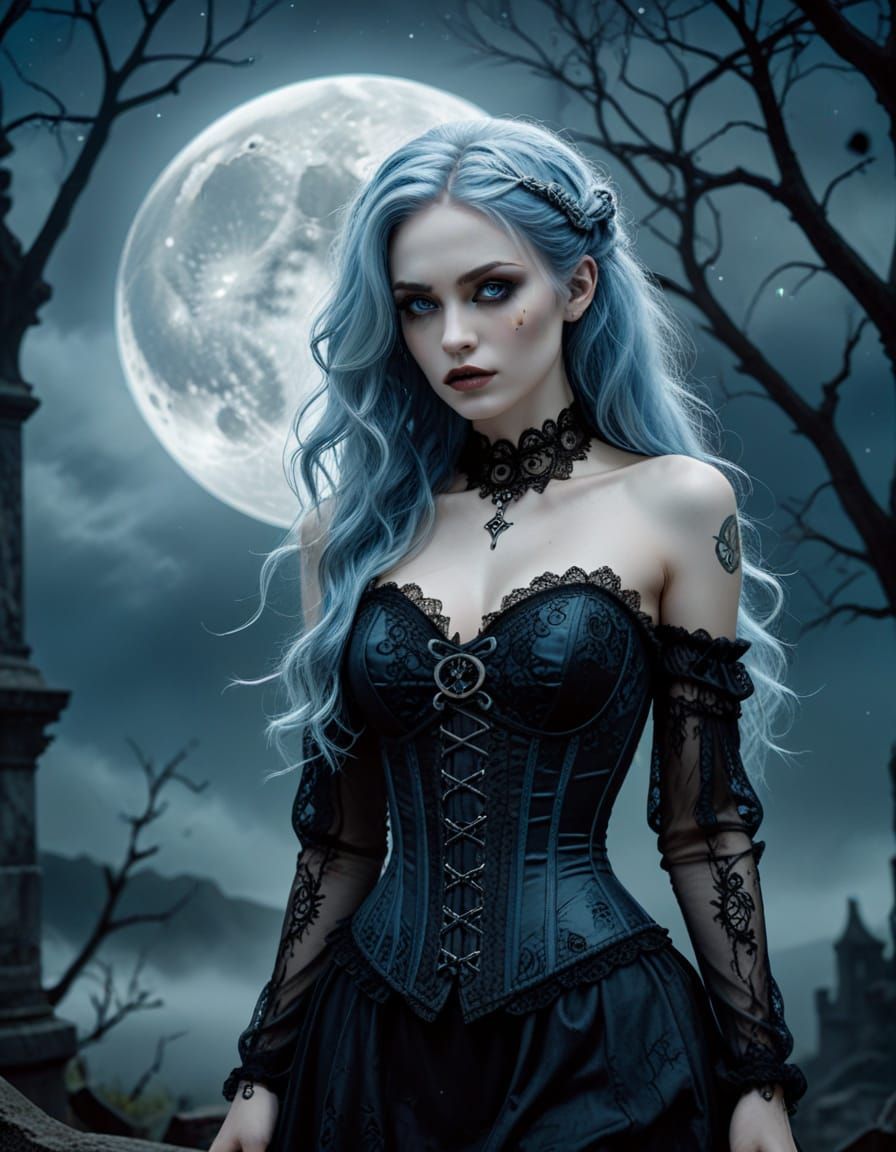 Gothic Fantasy Woman Under Full Moon