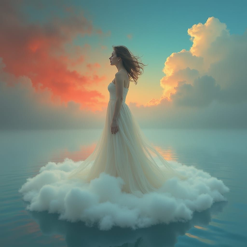Ethereal Woman on Cloud Lake in Surreal Style