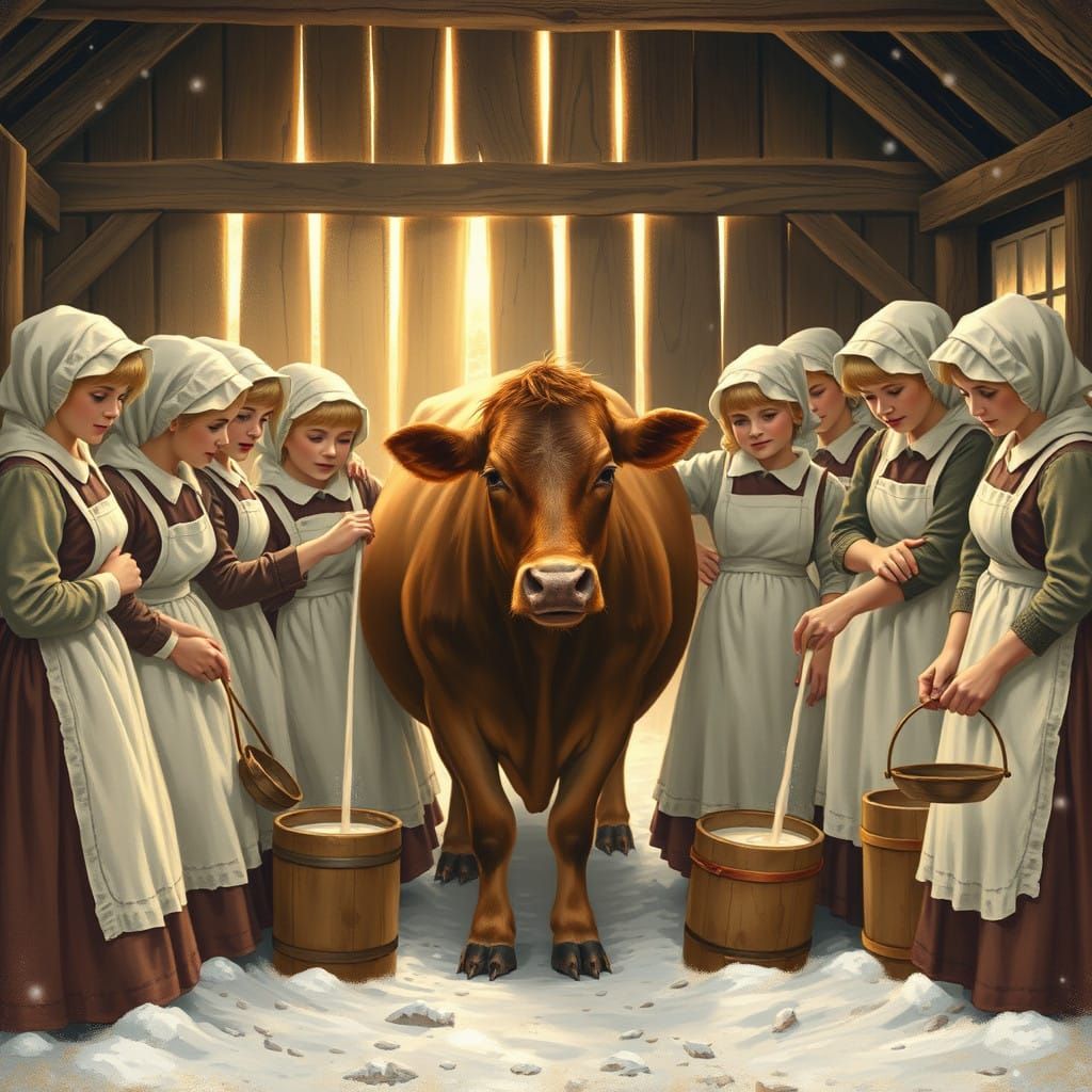 Victorian Milkmaids Gather Around a Majestic Cow in a Cozy W...