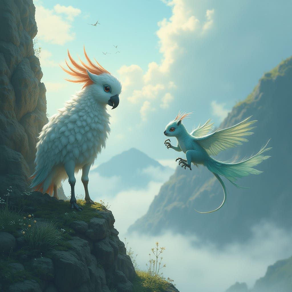 Mystical Creatures of a Whimsical World: A Silver-Blue Parro...