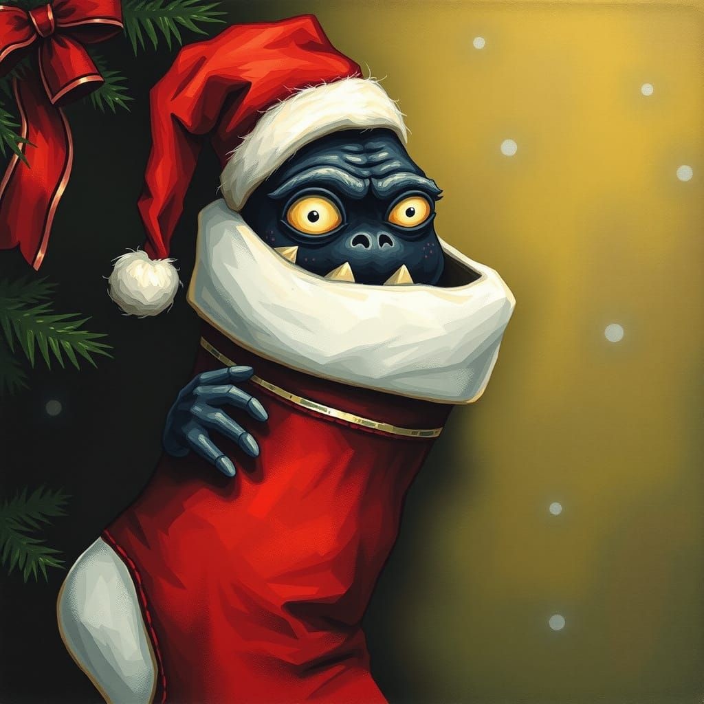 Monster Peeking From Black Christmas Stocking