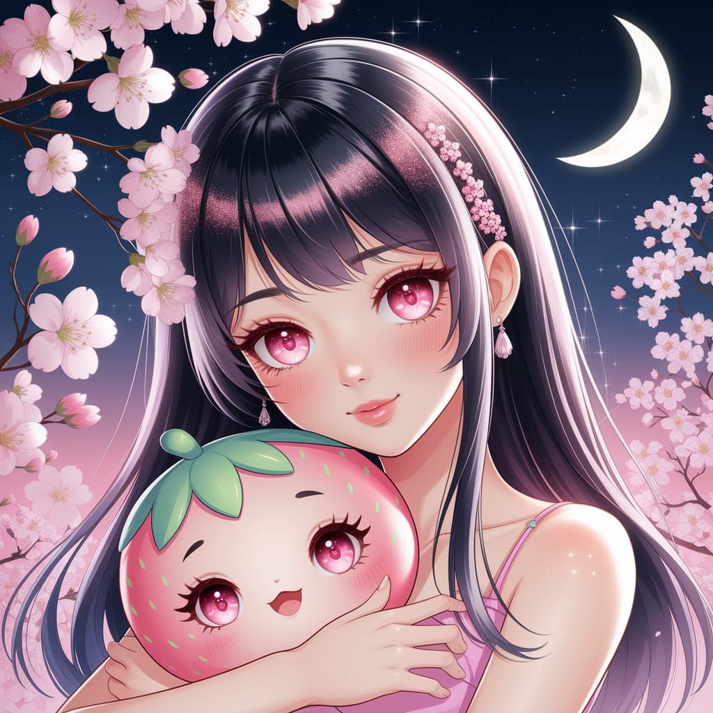 Anime Girl with Strawberry Plushie in Pink Aesthetic