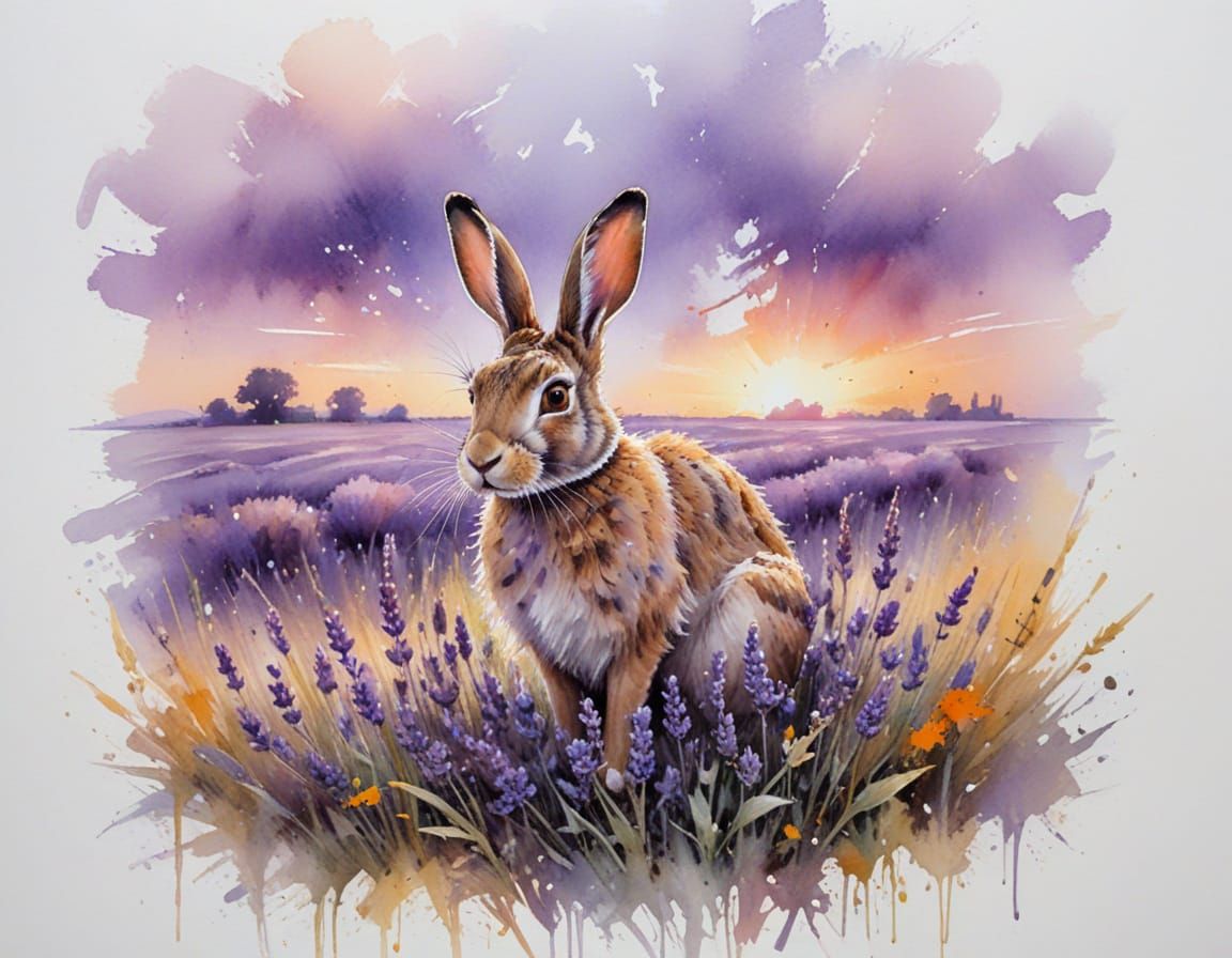 Lavender Fields with Hare in Impressionistic Watercolour Sty...
