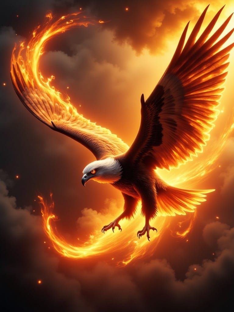 Mighty Eagle with Fiery Eyes Dives in Epic Fantasy Style