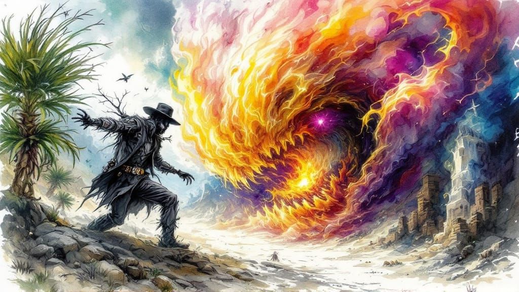 Fantasy Scene in Watercolor and Charcoal Style