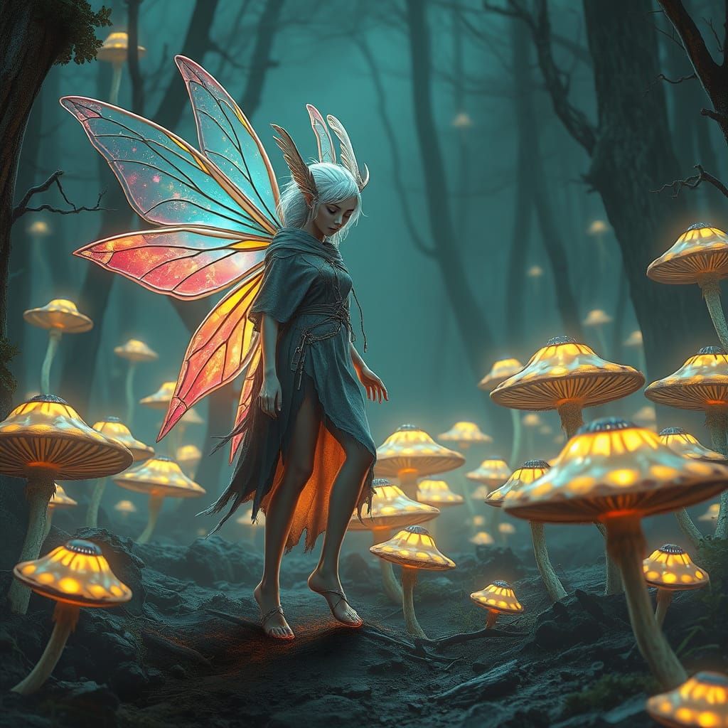 Glowing Fae Navigates Radiant Mushroom Forest in Cyberpunk W...