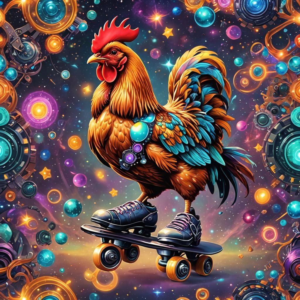 Chicken on Roller Skates in Astral Cosmic Style
