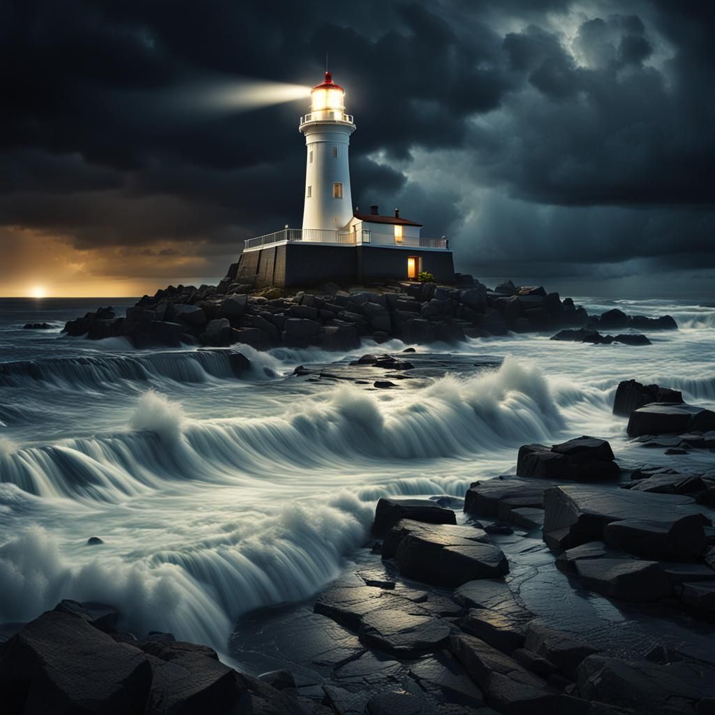 Intense image of a hyper realistic lighthouse on a stormy night
