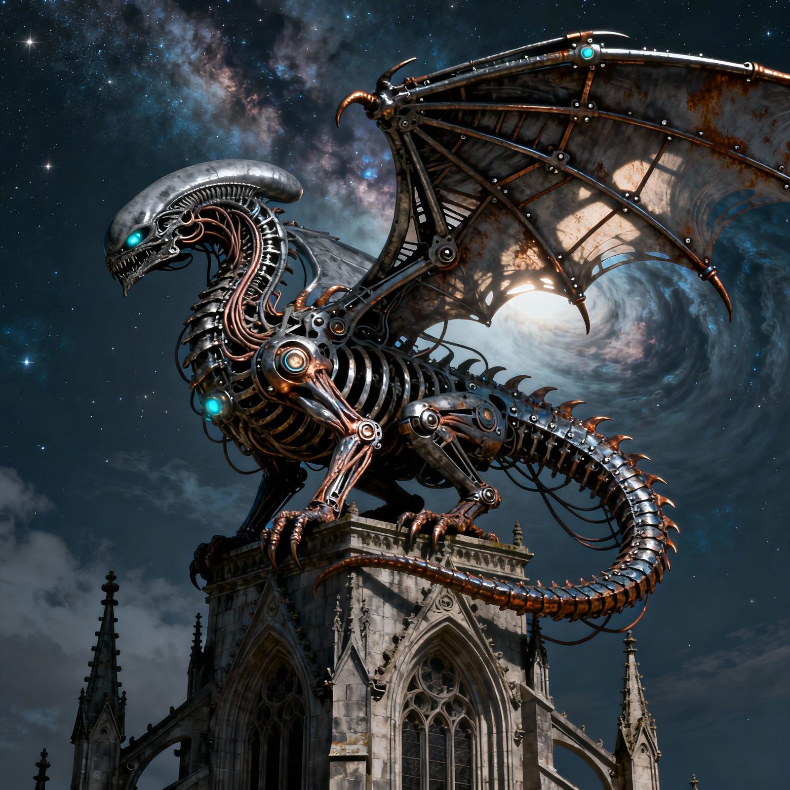 Biomechanical Dragon on Gothic Spire in H.R. Giger Style