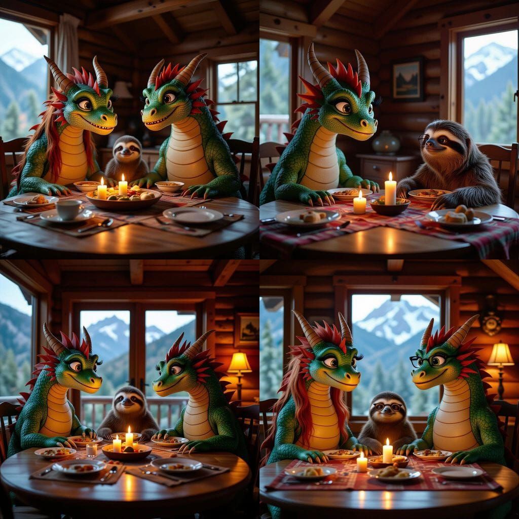 Whimsical Dragon Family Feast in Candlelit Mountain Cabin