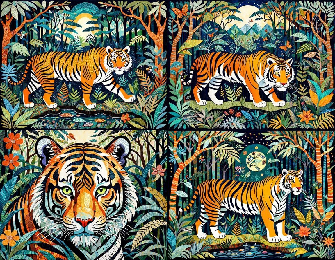 Whimsical Tiger Art in Vibrant Jungle Colors