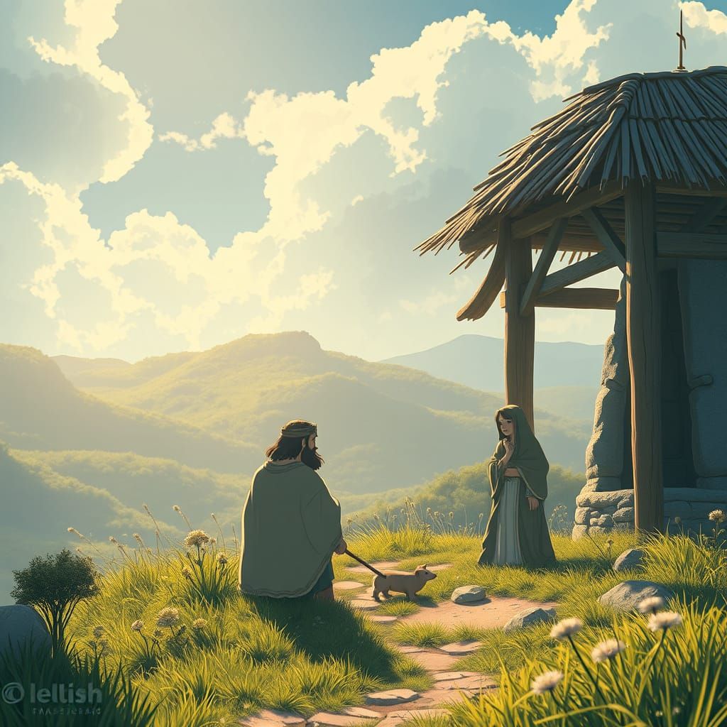 Whimsical Biblical Scene in Elegant Anime Style