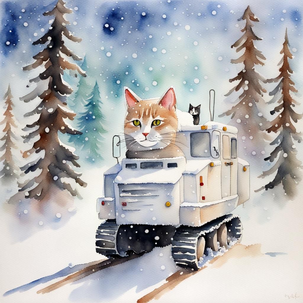 Watercolor Snowcat in Winter Landscape