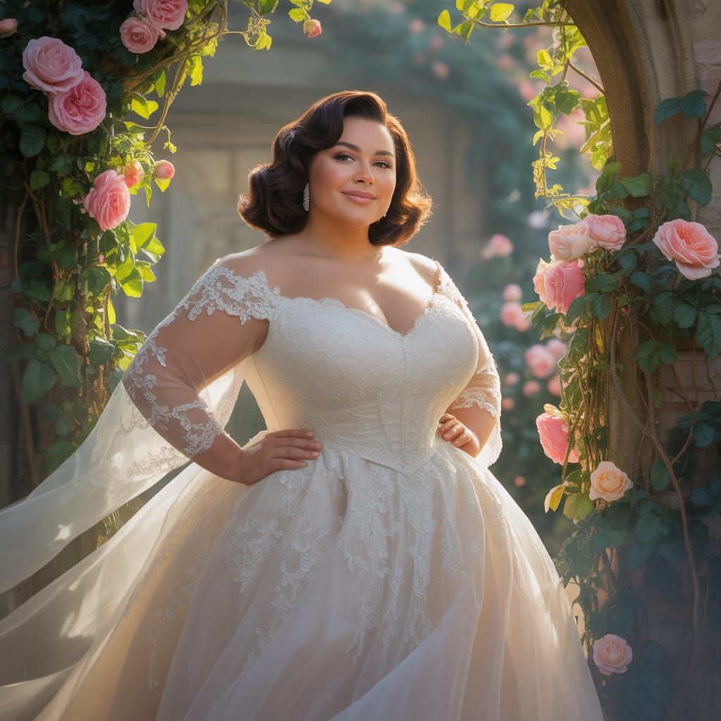 Elegant Bride in Wedding Dress in Antique Garden