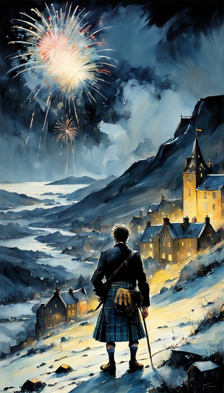 Men in Kilts Watch Fireworks Under Dark Scottish Skies