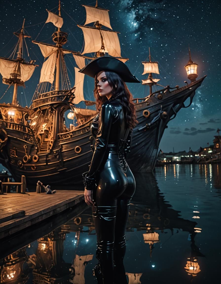 Woman in Latex Reflecting Night Sky Pirate Ship