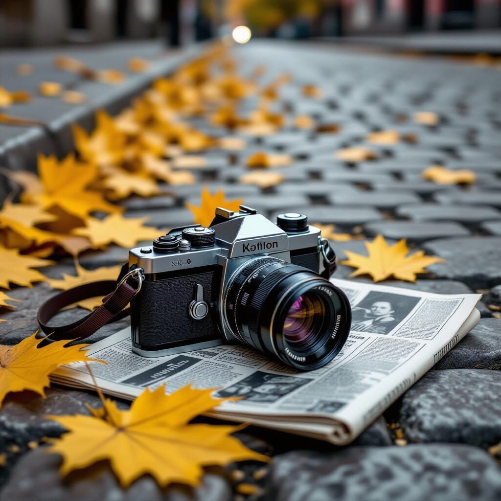 Antique Camera on Cobblestone Street with Autumn Leaves
