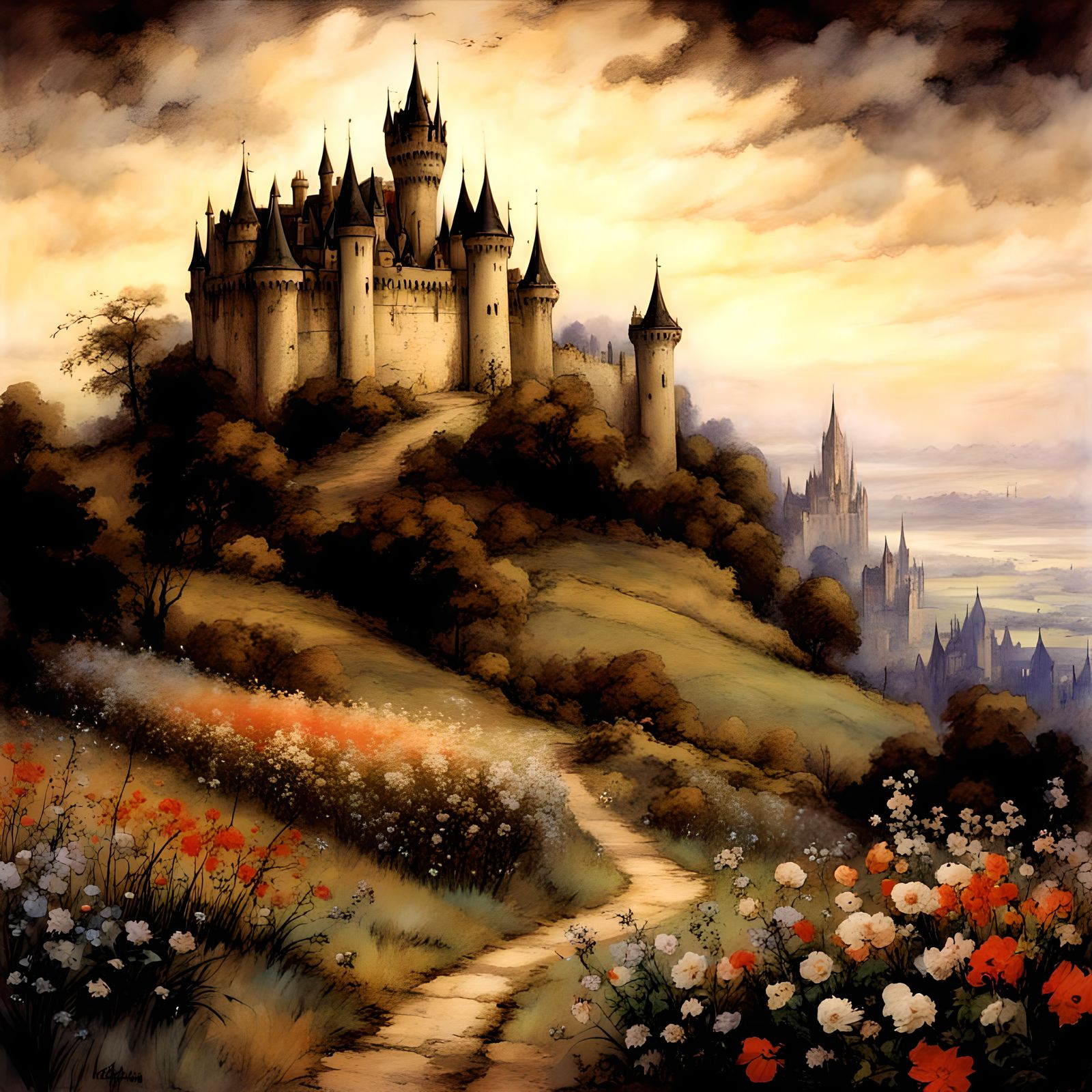 Castle, fantasy background, flowers, landscape, background, ...