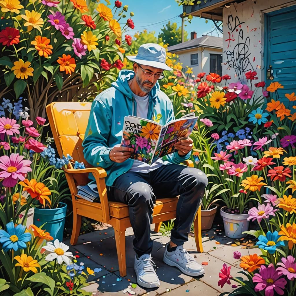 Man Reading in Graffiti Art Garden