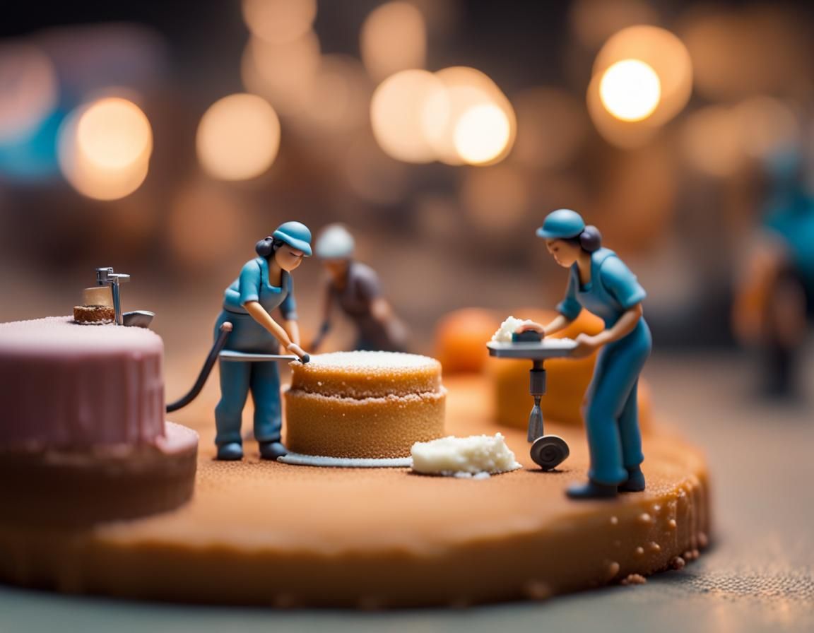 Miniature Workers Polishing Cake, Still Life Photography