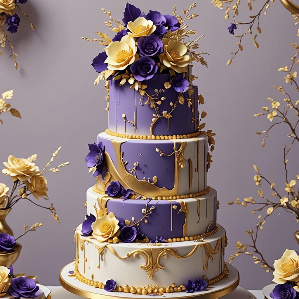 Elegant Purple and Gold Wedding Cake in 3D Anime Art