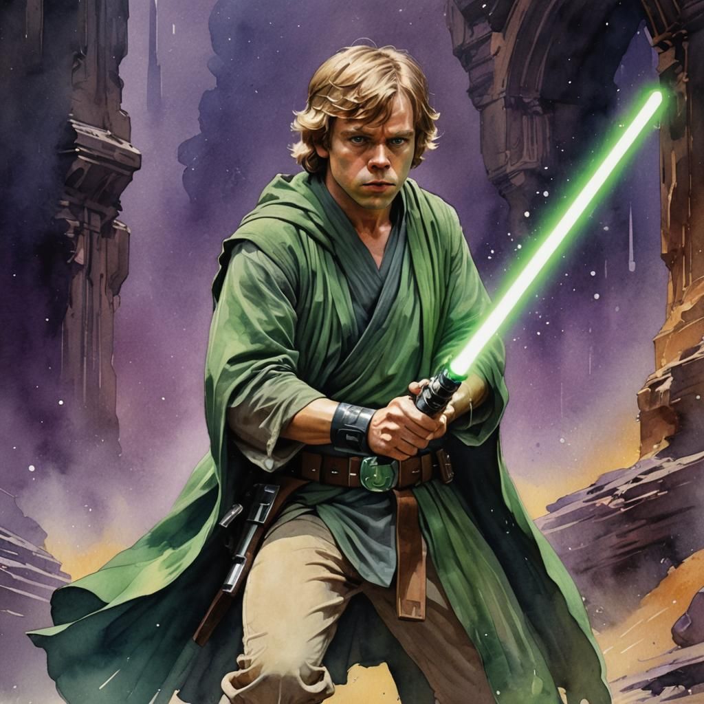 Luke Skywalker Lightsaber Art in Watercolor Style