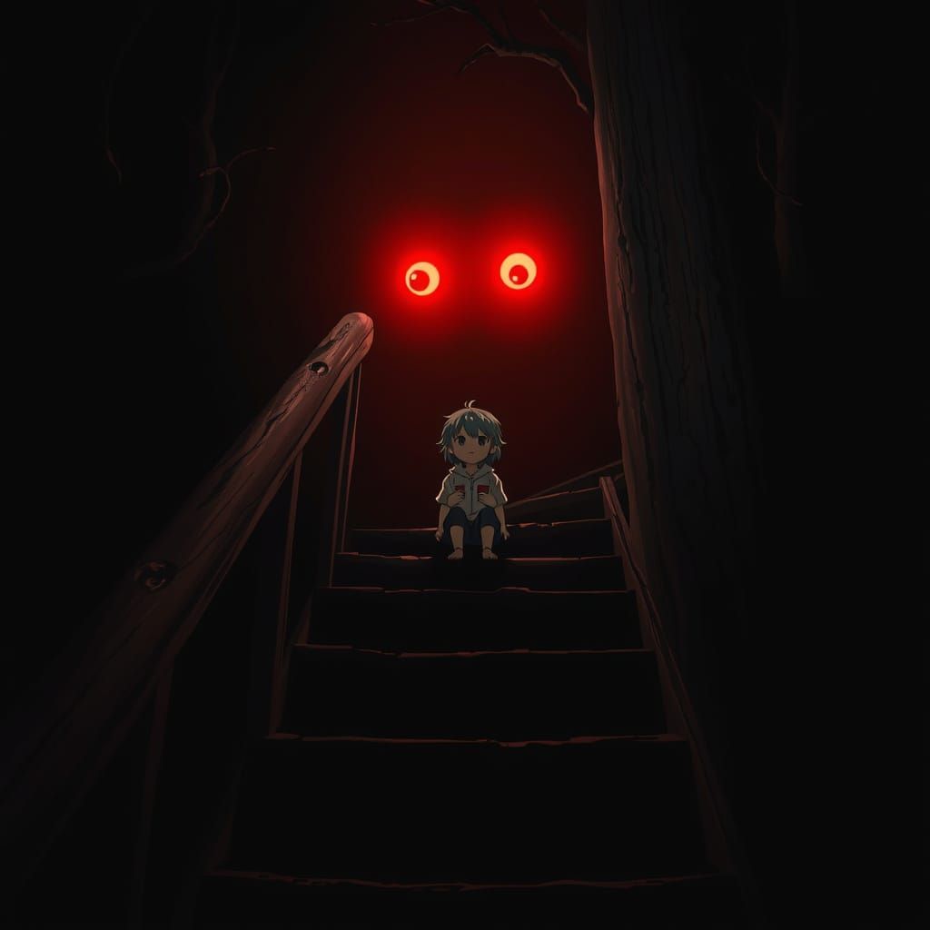 Girl Surrounded by Darkness, Illuminated by Red Eyes