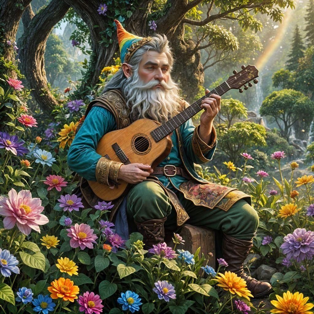 Gnome Bard with Rainbow Beard, Detailed Digital Art