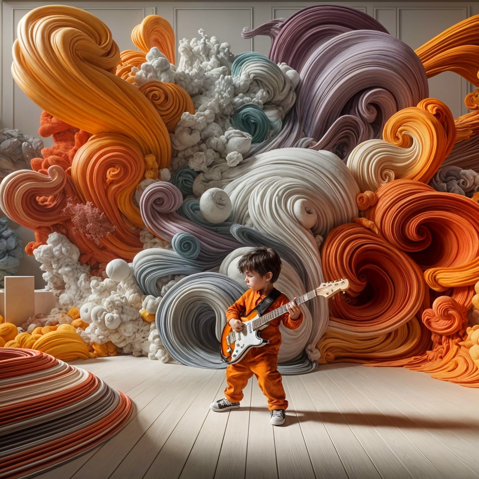 Middle-Eastern Boy Plays Guitar in Colorful Room