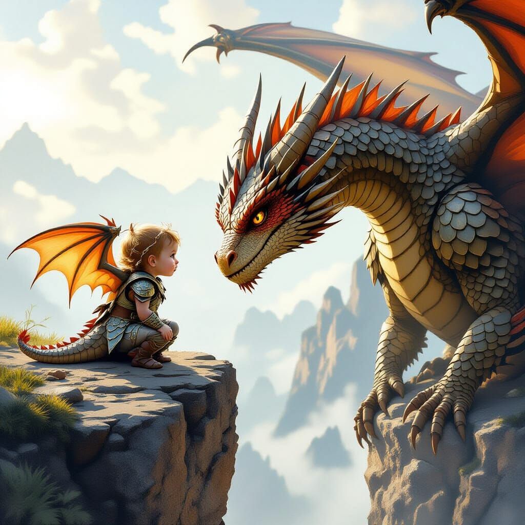 Baby Dragon's First Flight, Nudged by Fierce Father