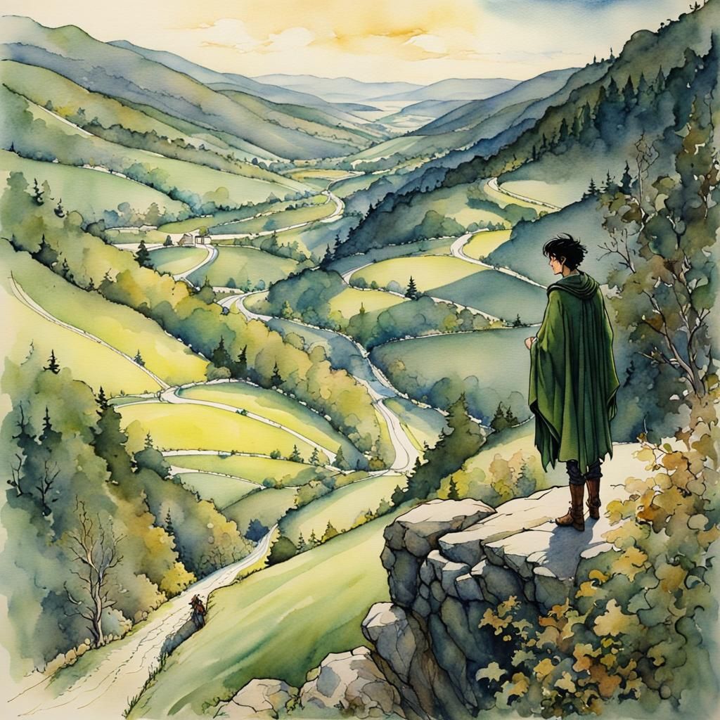 Fairytale Man Gazing into Valley, Rackham Style