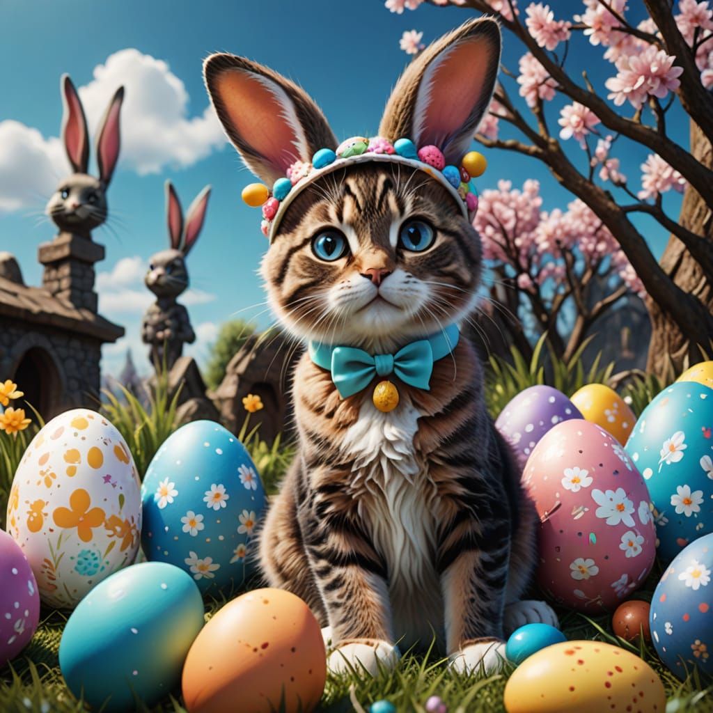 Whimsical Easter Feline in Vibrant Fantasy Landscapes
